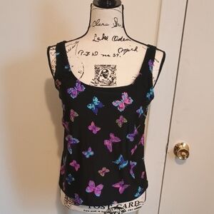 Butterfly Print Black Tank Top